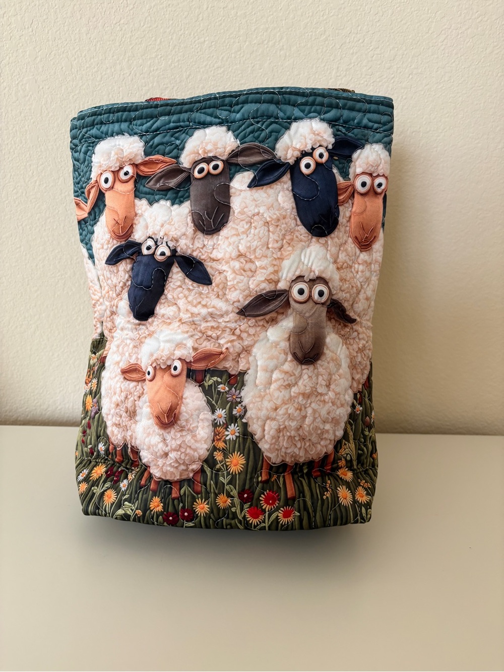 Quilted Sheep Appliqué Tote Bag in Teal and Cream - Picture 4 of 4